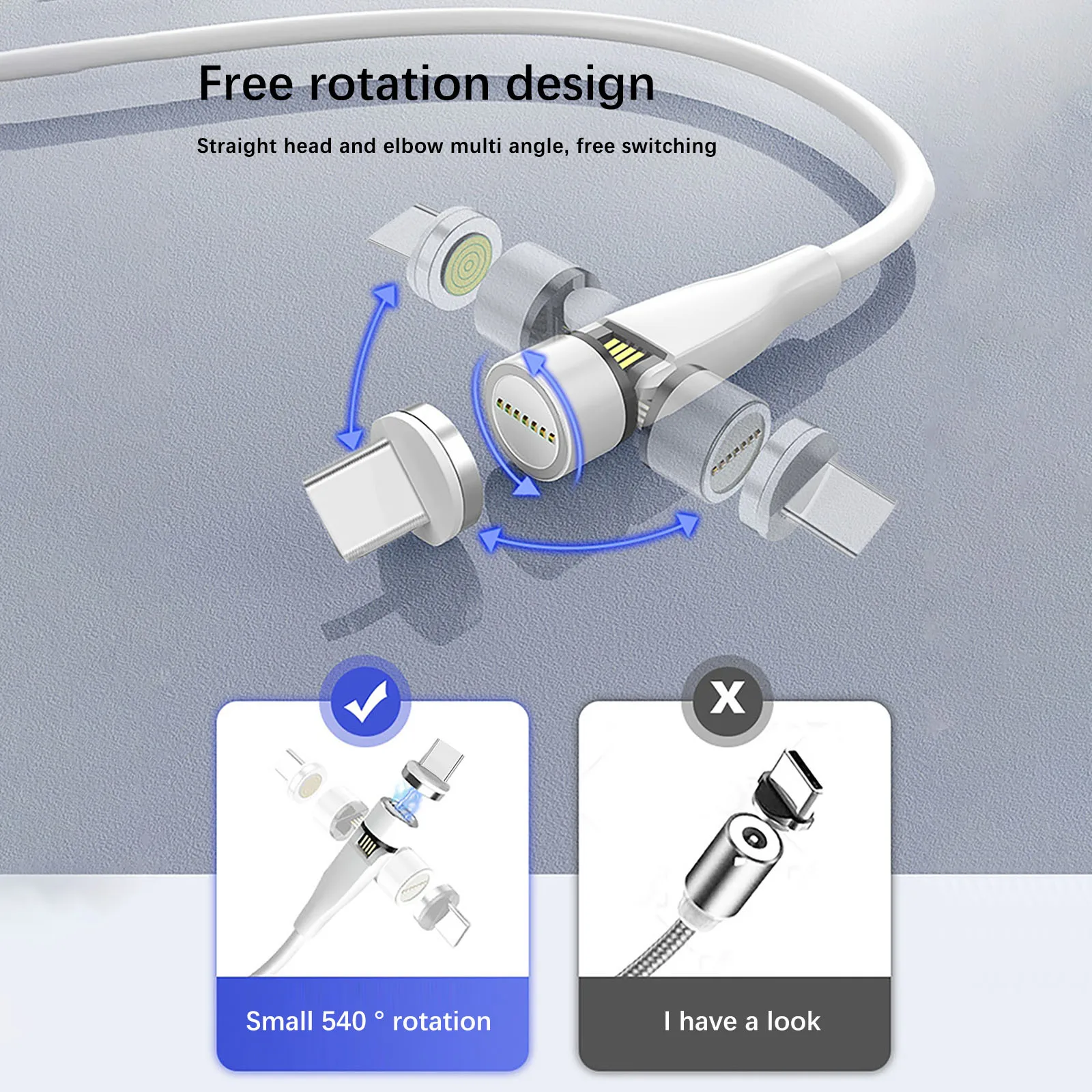 

540 Rotating Magnetic Cable Micro USB Type C Phone Cable For Huawei Samsung Xiaomi 3A Fast Charging Led Light USB Cord Wire