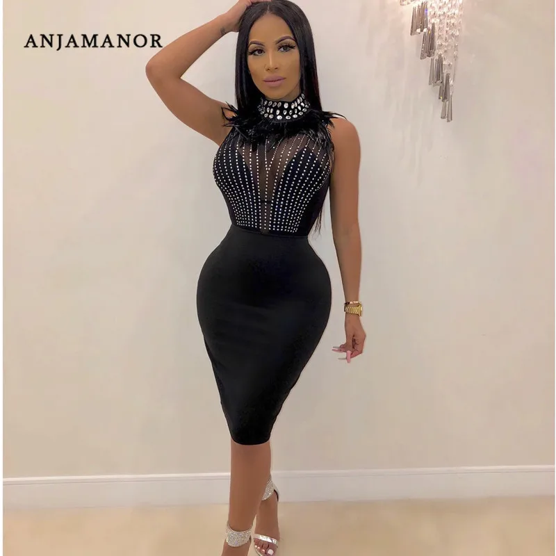 ANJAMANOR/пикантные Клубные вечерние платья Роскошные блестящие стразы перья Сетка