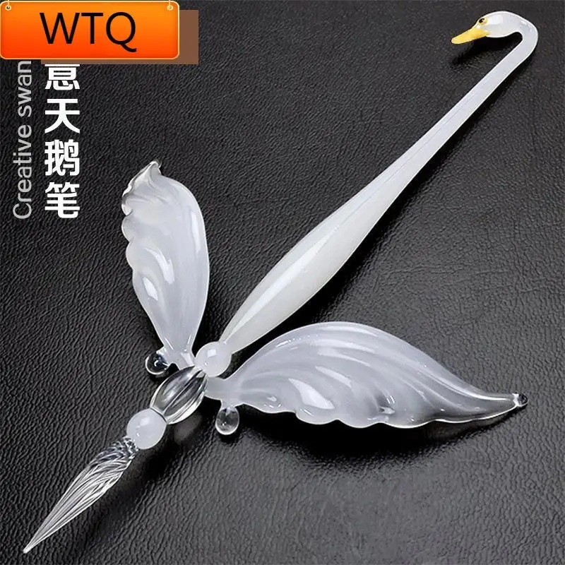 

Glass PEN Traditional Chinese Fairy Figurines Miniatures Swan Creative Dip Pen Set Vibrating Hand-made Glass