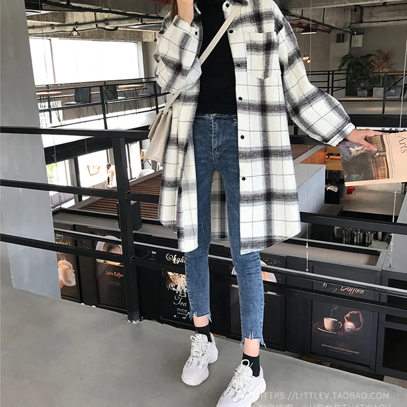 Women Autumn New Retro Loose Black &amp White Plaid Blouse Lapel Long Sleeve Casual Summer Mid-Long Blouses | Женская одежда