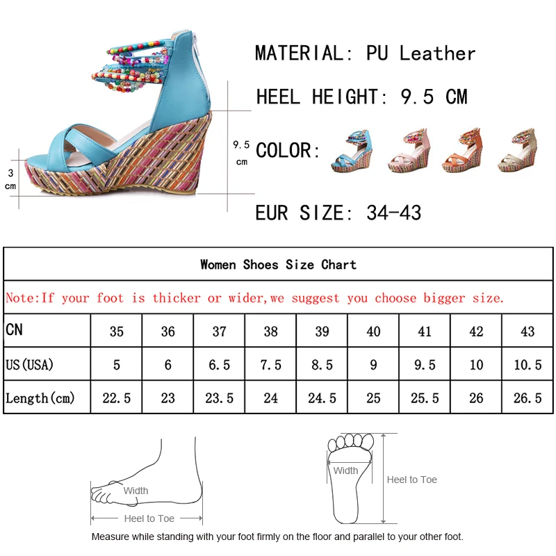 

2021 Summer Women Colorful Beads High Heels Sandals National Style Wedges Platform Bohemia Shoes Woman Plus Size 34-43
