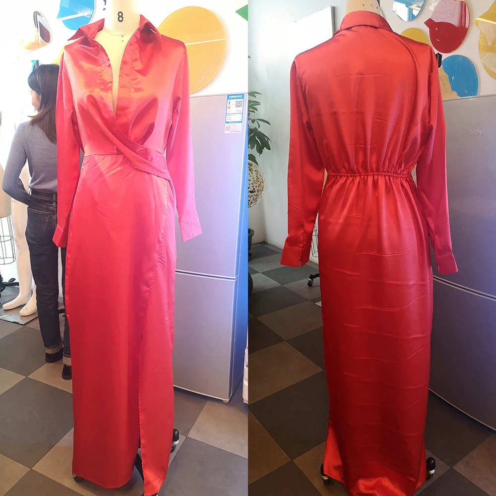 

Deep V Neck Stain White Sexy Dresses Women Split Night Club Wear Party Autumn Long Sleeve Elegant Evening Shirt Dress Black Maxi