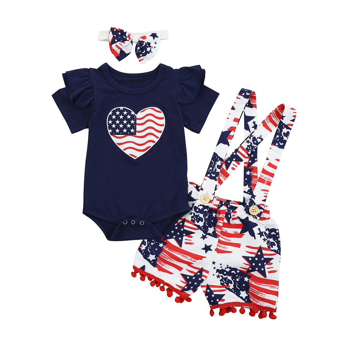 

Baby Girl Summer Clothes Fly Sleeve American Flag Print T-shirt Striped Tee Tops+Kid Girls Cotton Stars Suspender Shorts Set