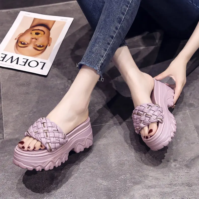 

Rimocy 2021 Woven Thick Sole Slippers Women Comfortable Non-slip Beach Platform Slides Woman Summer Outdoor Casual Flip Flops