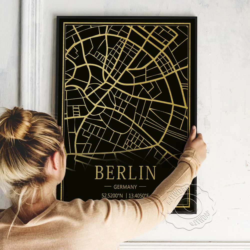 

Dermany Berlin Map Poster, Black Golden Berlin Satellite Image Line Art Prints, Nordic Vintage School Teacher Wall Picture Decor