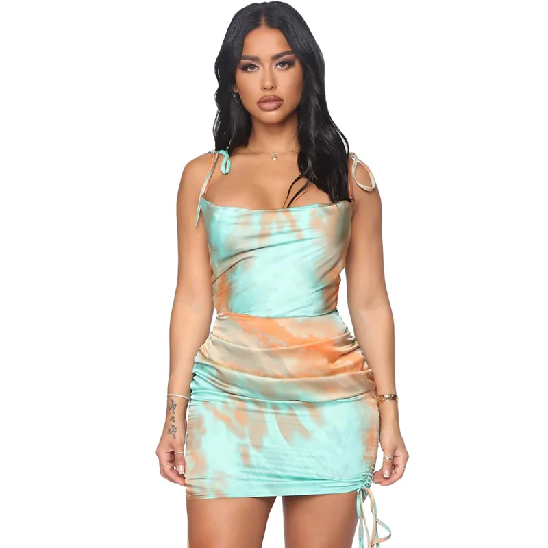 

2021 V Neck Satin Strap Sexy Printing Dress Women Lace Patchwork Backless Summer Dress Mini Ladies Dresses Fashion