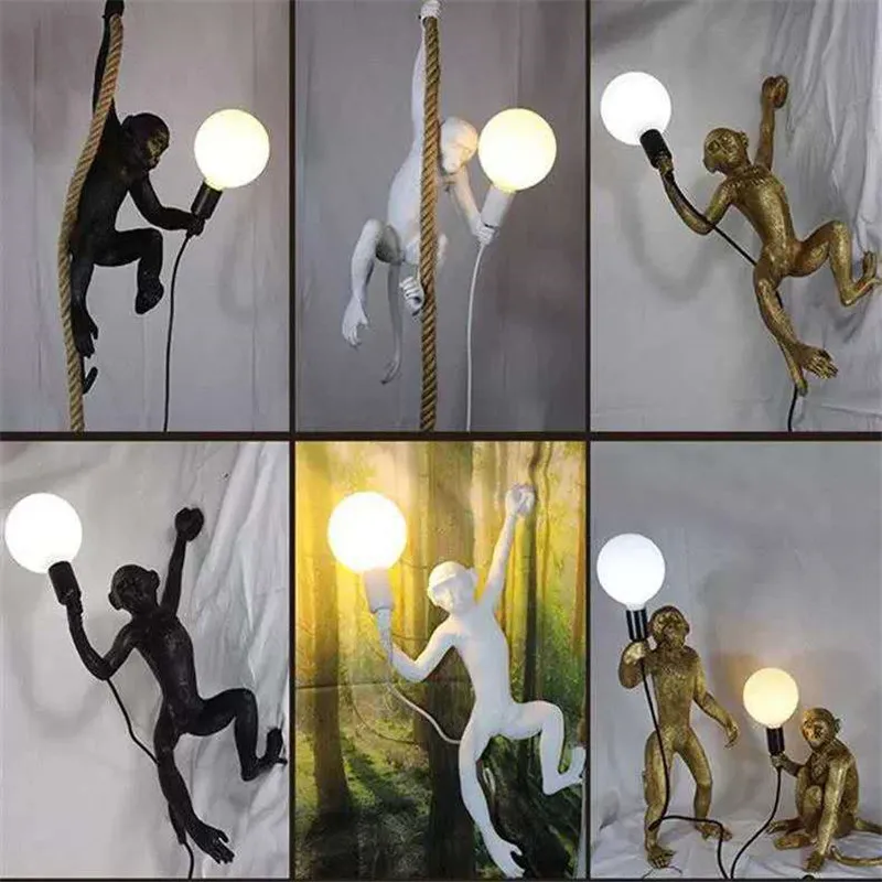 Creative Resin Monkey Hemp Rope Pendant Lamps Living Room Wall Light Home Internet Cafe Restaurant Window Table Lamp Decoracion