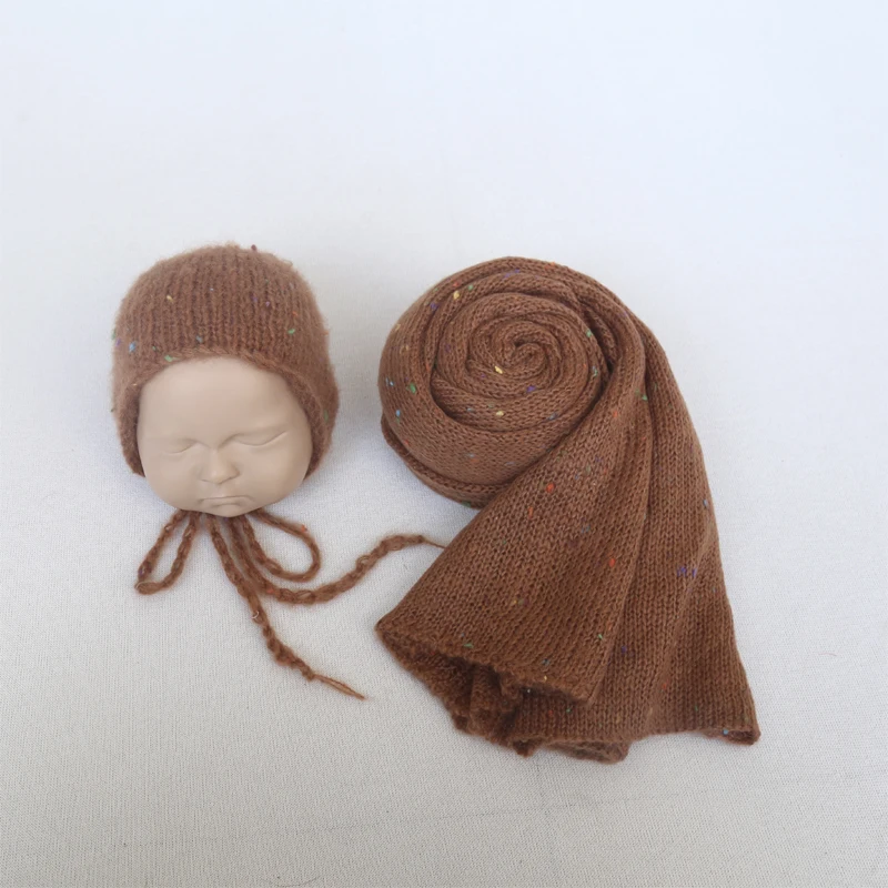 New mohair color dots wrap and knit bonnet newborn photo prop handmade baby sweater hat sets shoot | Детская одежда и обувь