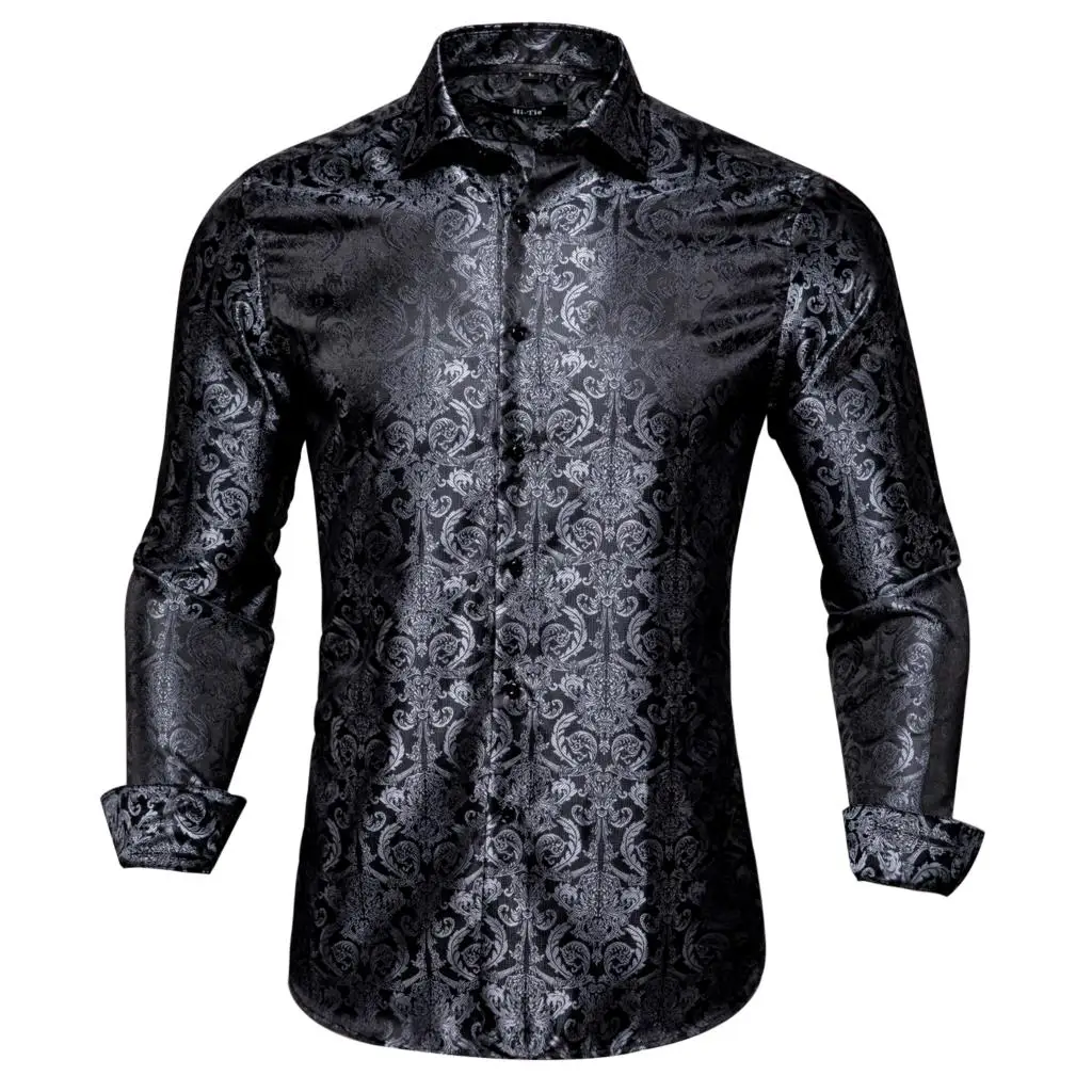 Hi-Tie Silk Jacquard Mens Shirts Long Sleeve Gold Red Blue Black Brown Slim Fit Shirt For Men Male Dress Jeans Business Wedding