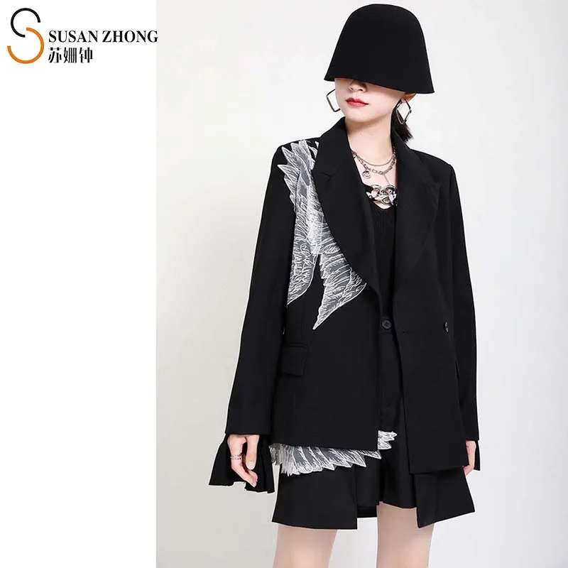 

Женский блейзер, Женская куртка, пальто в японском стиле, дизайнерская осенне-Весенняя шаль, воротник, принт крыльев Ангела, карманы, притал...