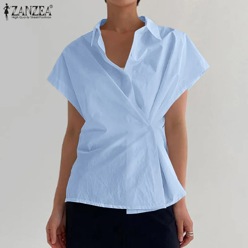 

ZANZEA Women Casual Ladies Chemise Short Sleeve Shirts Tops Street Summer Stylish Blusa Femme Button Fashion Office Solid Blouse