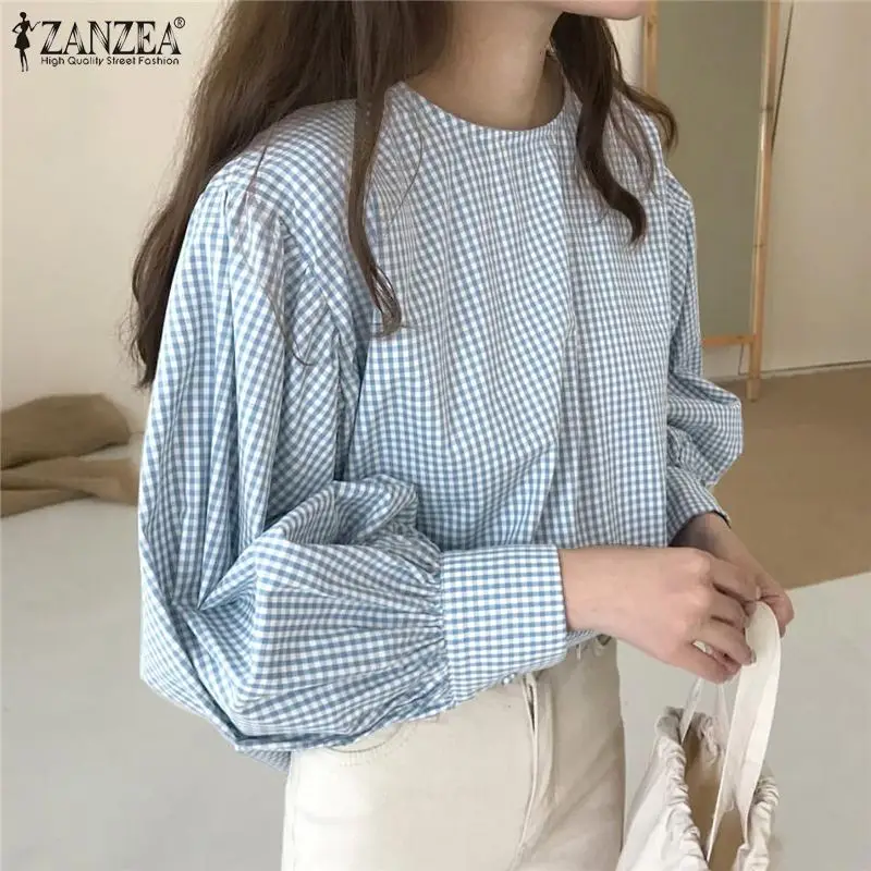 

2022 Autumn Minimalist Blouse Fashion Womens Pullover ZANZEA Korean Plaid Check Tops Office Lady Puff Sleeve Blusa