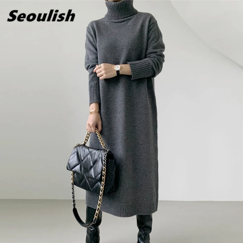 

Seoulish Autumn Winter Loose Sweater Dresses Warm Turtleneck Straight Long Sleeve Dress Knitted Chic Long Dress Female 2021 New
