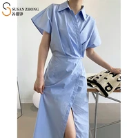 women summer dress wraping female one piece turn down collar x line calf lenght elastic waist elegant korean fashion cotton cozy