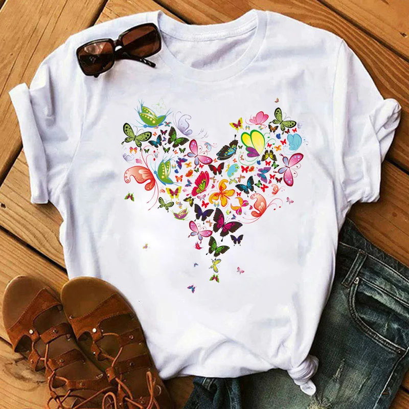 

Женская футболка с принтом бабочки и сердца, летняя повседневная Милая футболка с графическим рисунком, женские летние смешные футболки в стиле Харадзюку