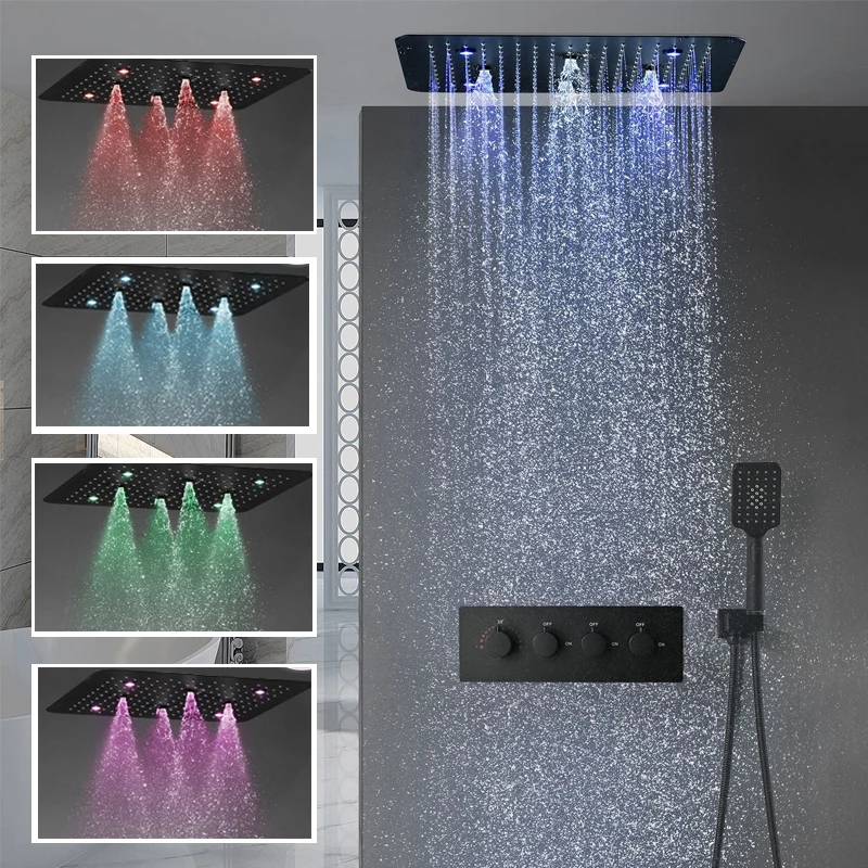 

LED Ceiling Shower Head Embedded Massage Rainfall Waterfall Bathroom Misty Spray Shower Set Thermostatic Concealed Mixer