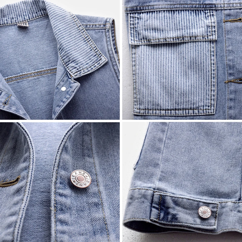 

Plus Size 5XL Stripe Patchwork Sleeveless Denim Jacket Women Pop Blue Button Jean Vest Nice Pop Short Waistcoat Female