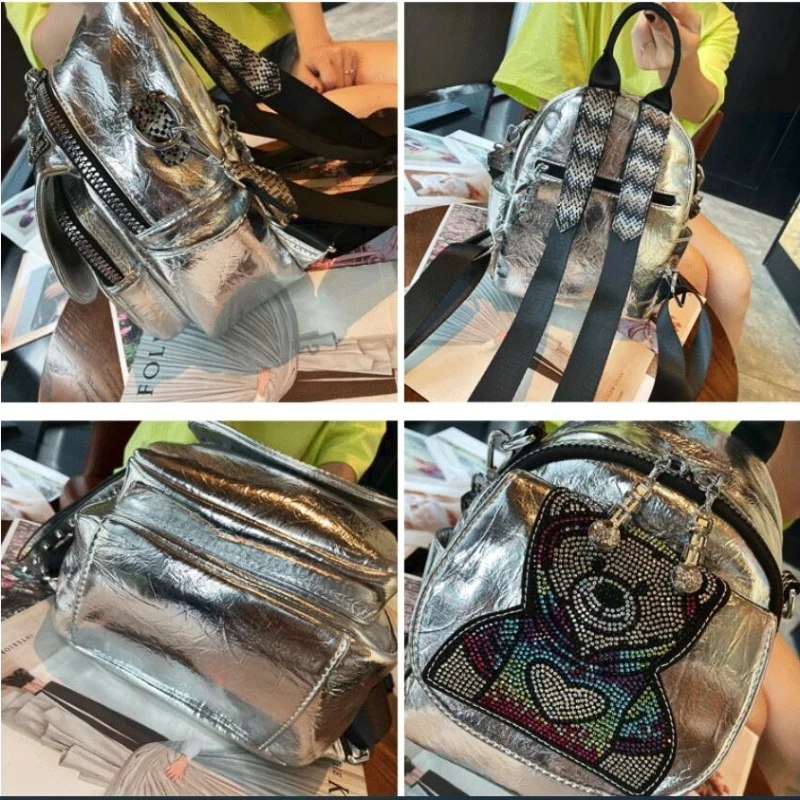 

Women Split Leather Fashion Backpack Ladies Luxury Mini Rucksack Female Rhinestone Cartoon Bear Print Bagpack Shoulder Bag