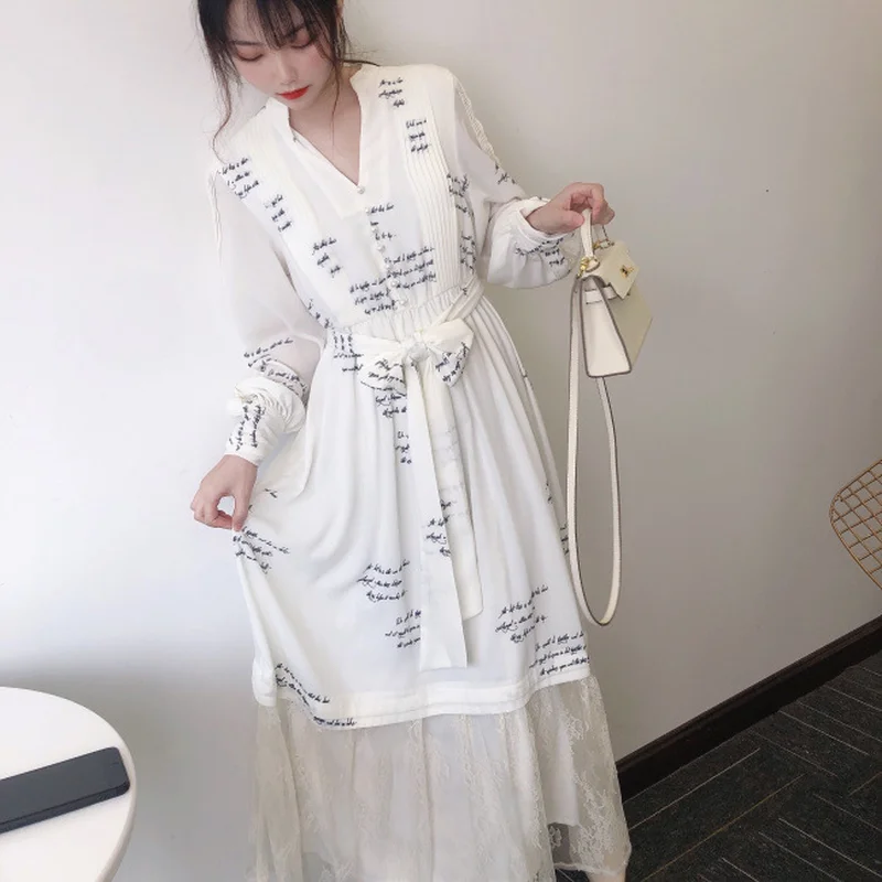 

Neploe Heavy Work Lace Patchwork Elegant Dress Women V Neck Long Sleeve Pullover Vestidos High Waist Hip A Line Slim Robe