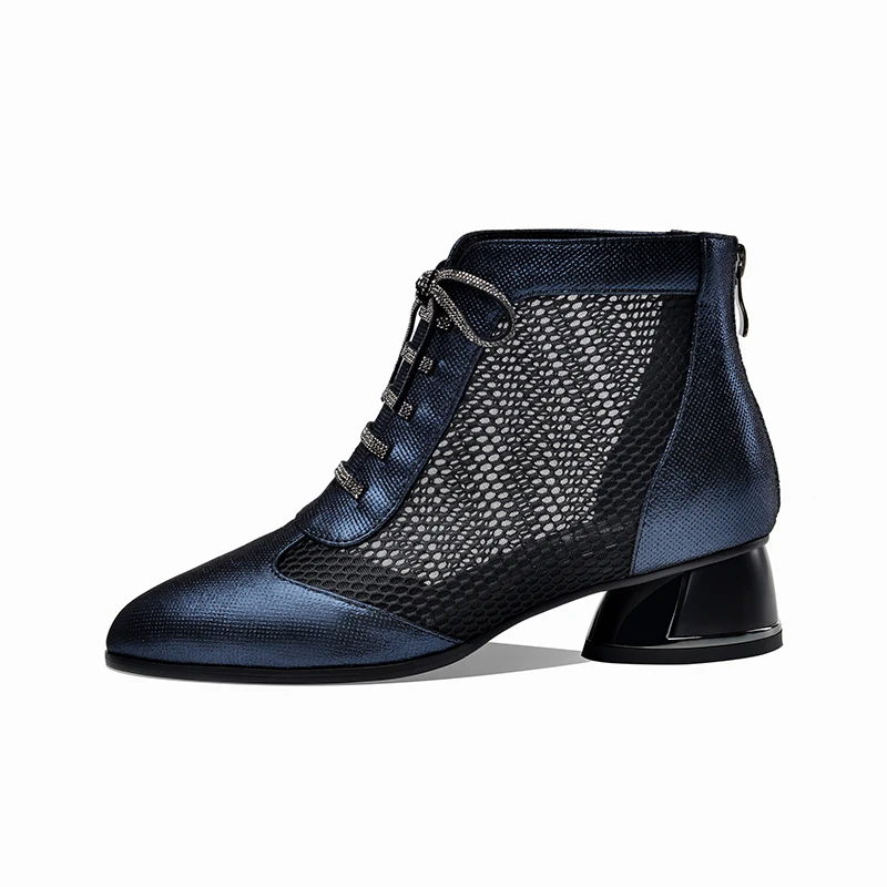 

Lace Up Back Zipper Women Summer Boots genuine leather Newest Summer Autumn Shoes Thick Heels Pumps Party Basic Shoe Woman