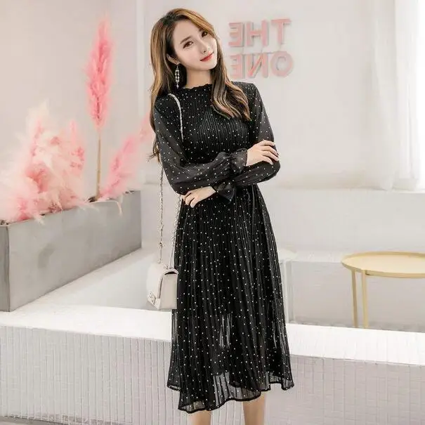 Весенне осеннее женское длинное шифоновое платье 2020 с длинным рукавом в горошек