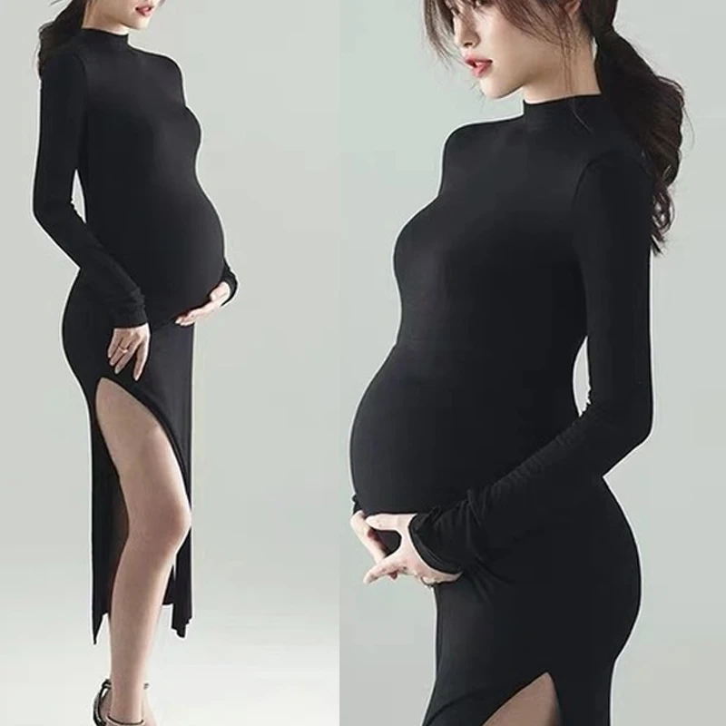 

Black Maternity Dresses For Photo Shoot Long Sleeves Split Fork Photography Props Pregnancy Dress For Pregnant Women Photoshoot