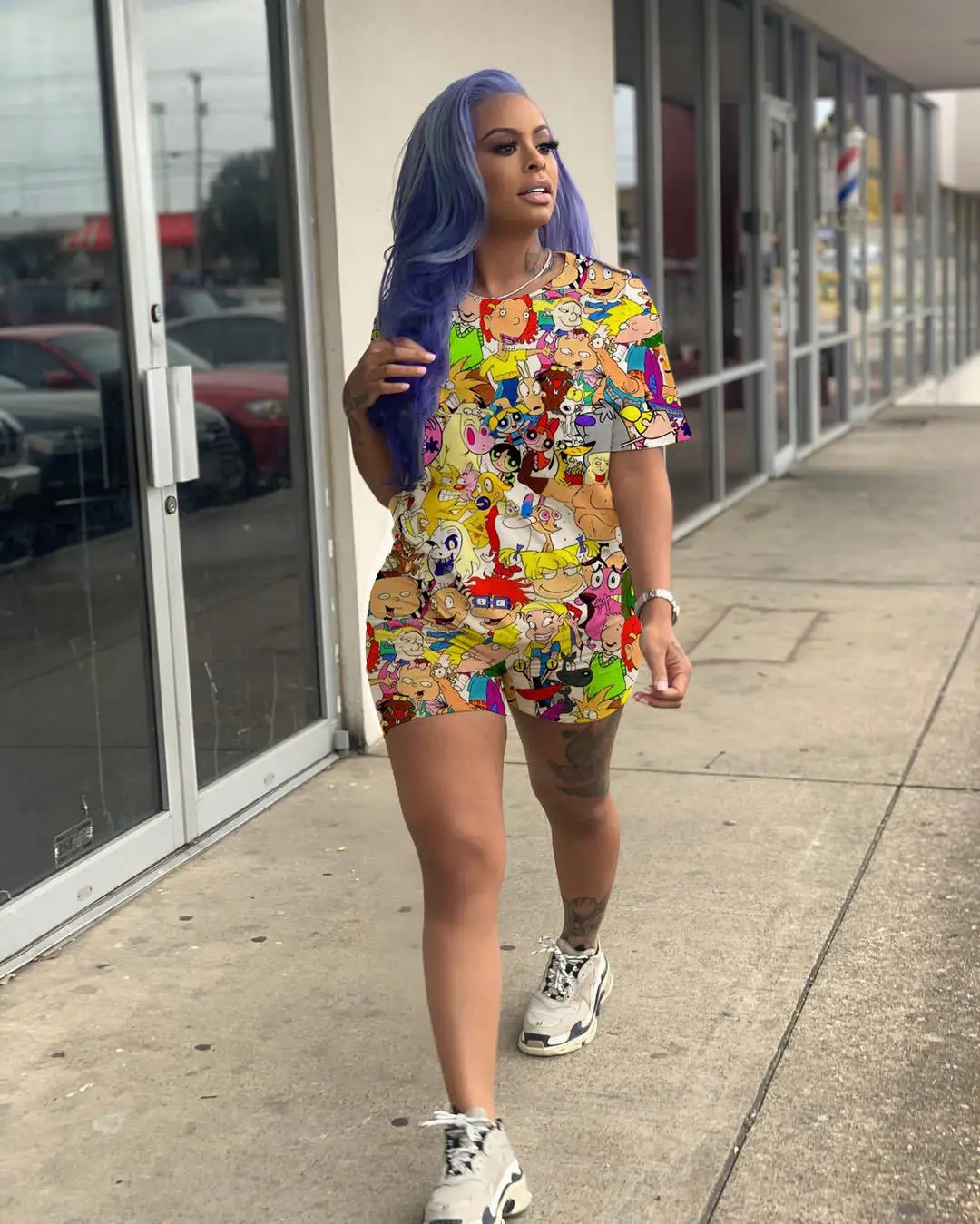 

Summer Fashion Women Cartoons Printing T-Shirt Two Piece Shorts Sets Club Biker Jogging Outfits