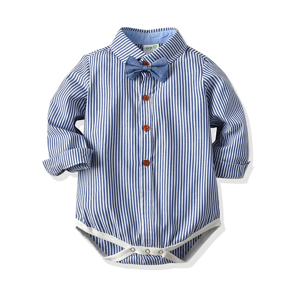 

Newborn Baby Boy Strips Rompers Button Spring/Autumn Long Sleeve Knit Turn-down Collar Casual Zebra Boys Bow Bodysuits Cool Boy