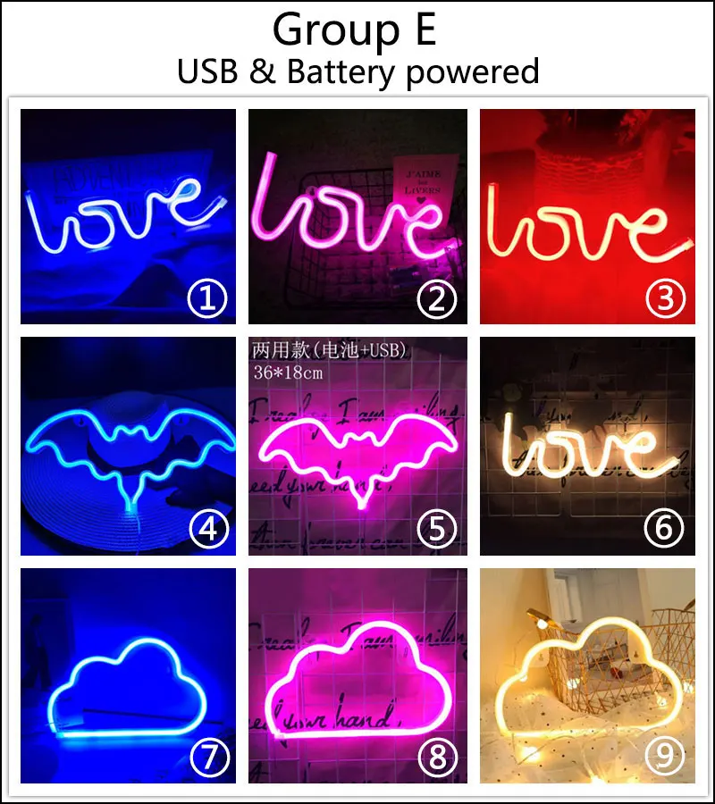 

Wholesale 72 Styles Neon Light Lightning LED Wall Lights Battery & USB Powered Party Wedding Home Decor Kids Room Night Lights