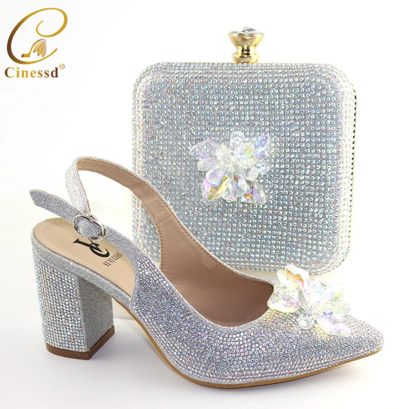 

Fashion Italy Shoes with Matching Bags African Pointed Toe Shoes Decorated with Rhinestone African Shoes and Bags Matching Set