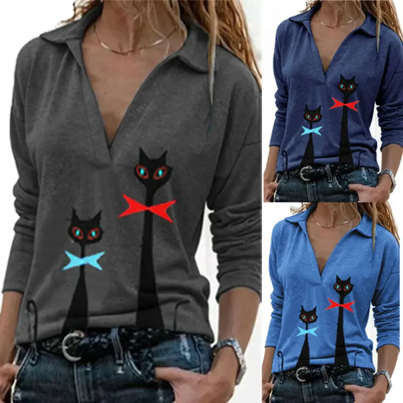 

Tops for Women T Shirts Ladies Top Cat Printed Long Sleeve Blouse Winter Casual Jumper Pollover