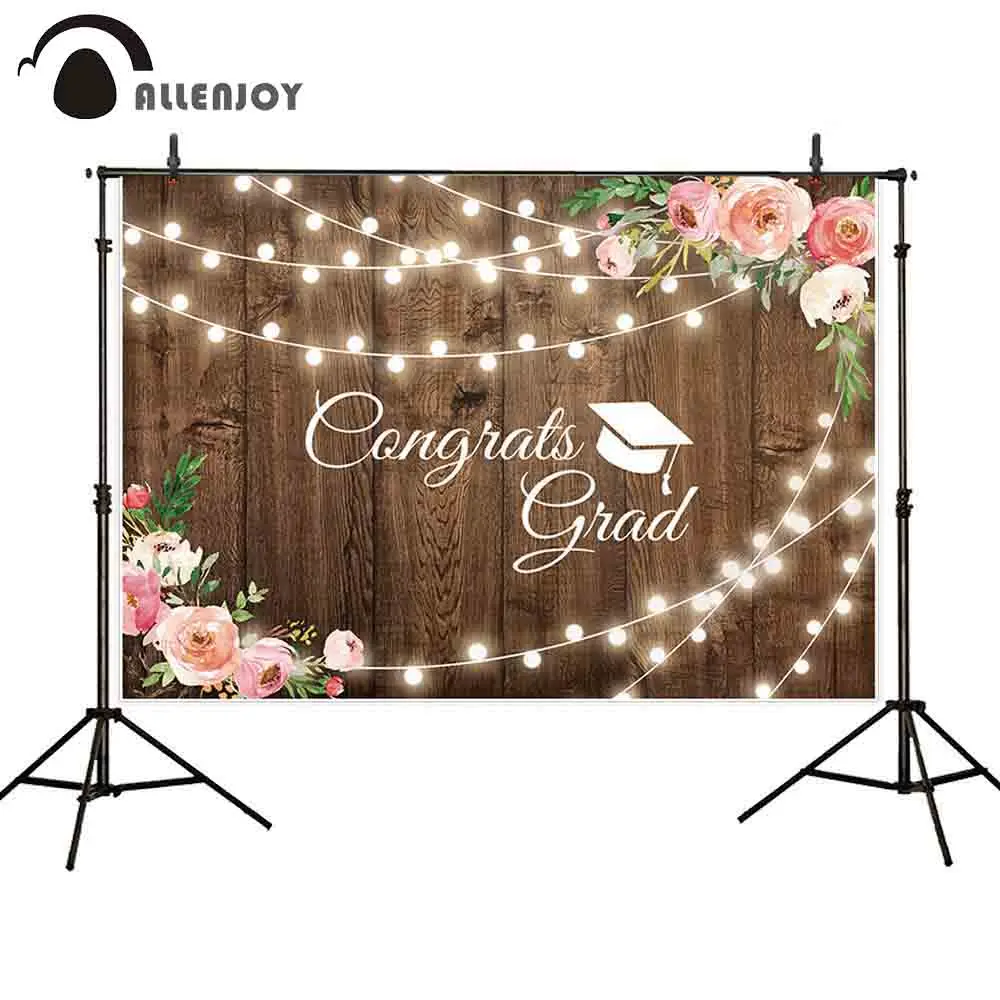 

Allenjoy Congrats Glad Photobooth Brown Wooden Floor Flowers Leaves Bulb Curtain Child Party Banners Graduation Event Wallpaper