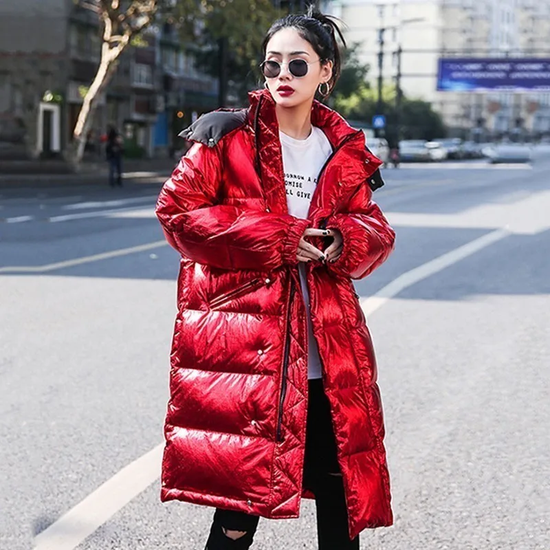 Luxury Glossy 2020 Winter Jacket Women Long Hooded Thick Warm Down Padded Parka Red Puffer Jackets Ladies Overcoat Female