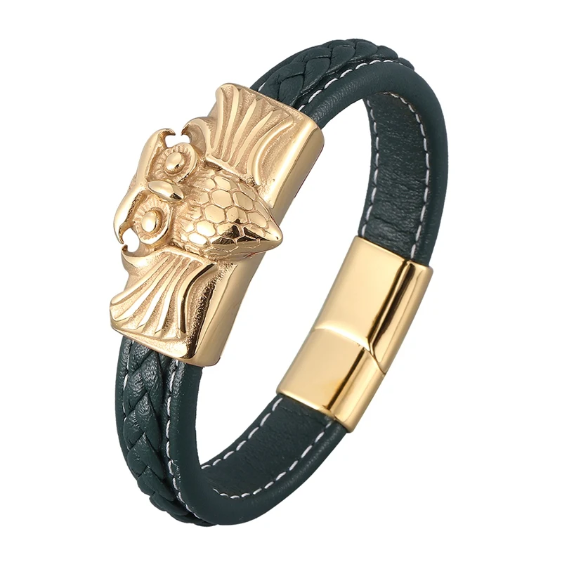 

Wholesale Price Green Leather Bracelet Men Owl Shape Gold Stainless Steel Jewelry Male Bangle Handmade Gift for Cool Boys PD0921