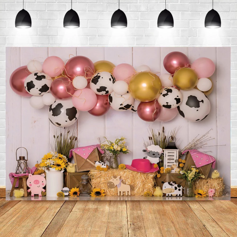 

Фон для детской фотосъемки с изображением разноцветных воздушных шаров фермы животных стога сена