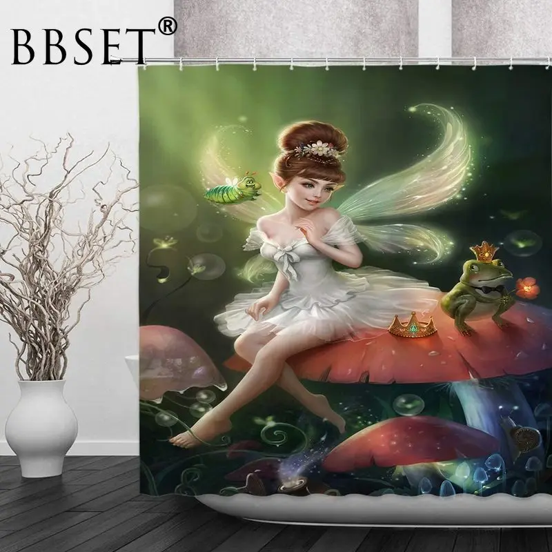 

Fantasy Mushroom Shower Curtain Butterfly Elf Princess Pattern Waterproof Multi-size Cortina De Bano Bathroom Decor with Hooks