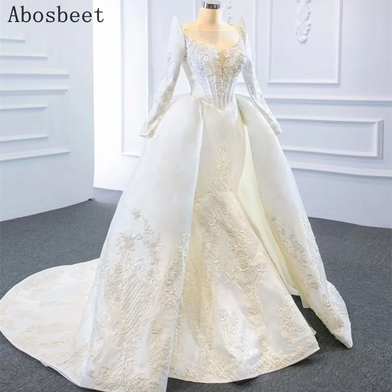 Vintage Satin Wedding Dress Long Sleeve Advanced Customization Lace Mermaid Wedding Gown Lace Up Back Long Train