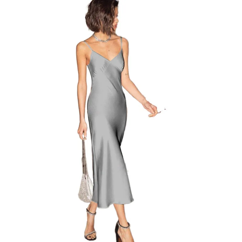 

20201 European and American hot-selling ladies fashion dress silk nightdress pure color suspender long skirt