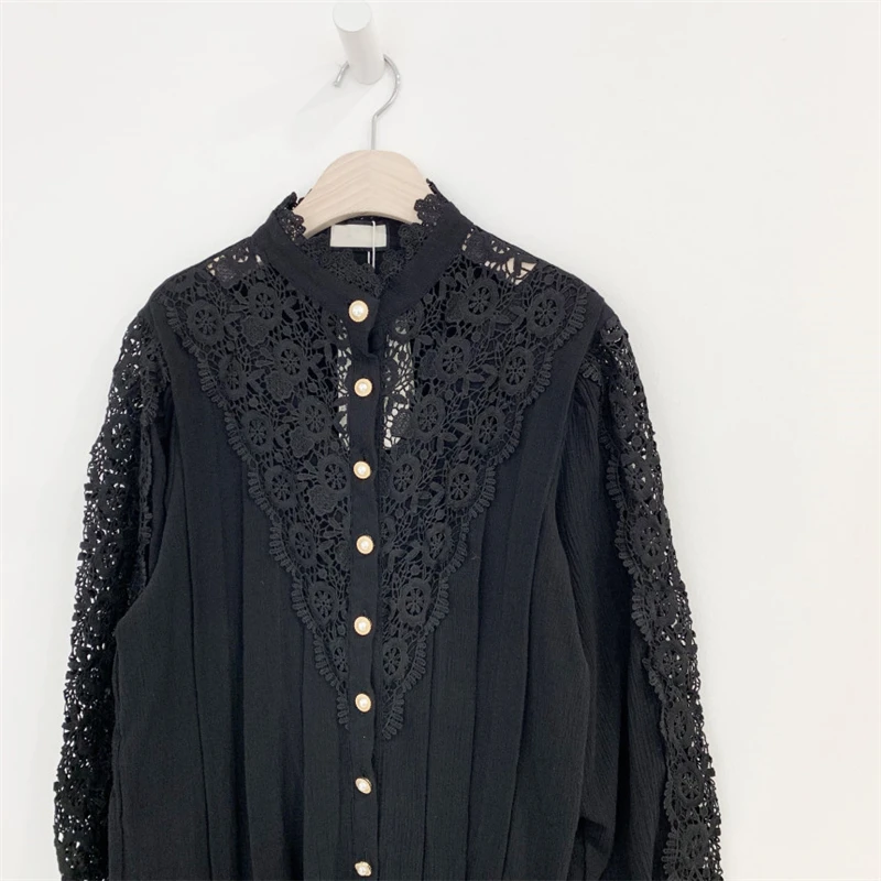 

Women Blouse Fashion 2020 Sweet Chic Stand Hollow Out Patchwork Lace Elegant Office Lady Soft Casual Warm Stylish Female Shirt