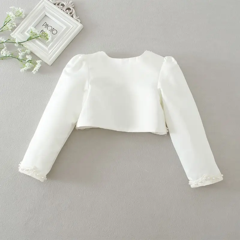 Baby Girls Satin Long Sleeve Bolero Shrug Handmade Imitation Pearl Beading Weddi | Детская одежда и обувь