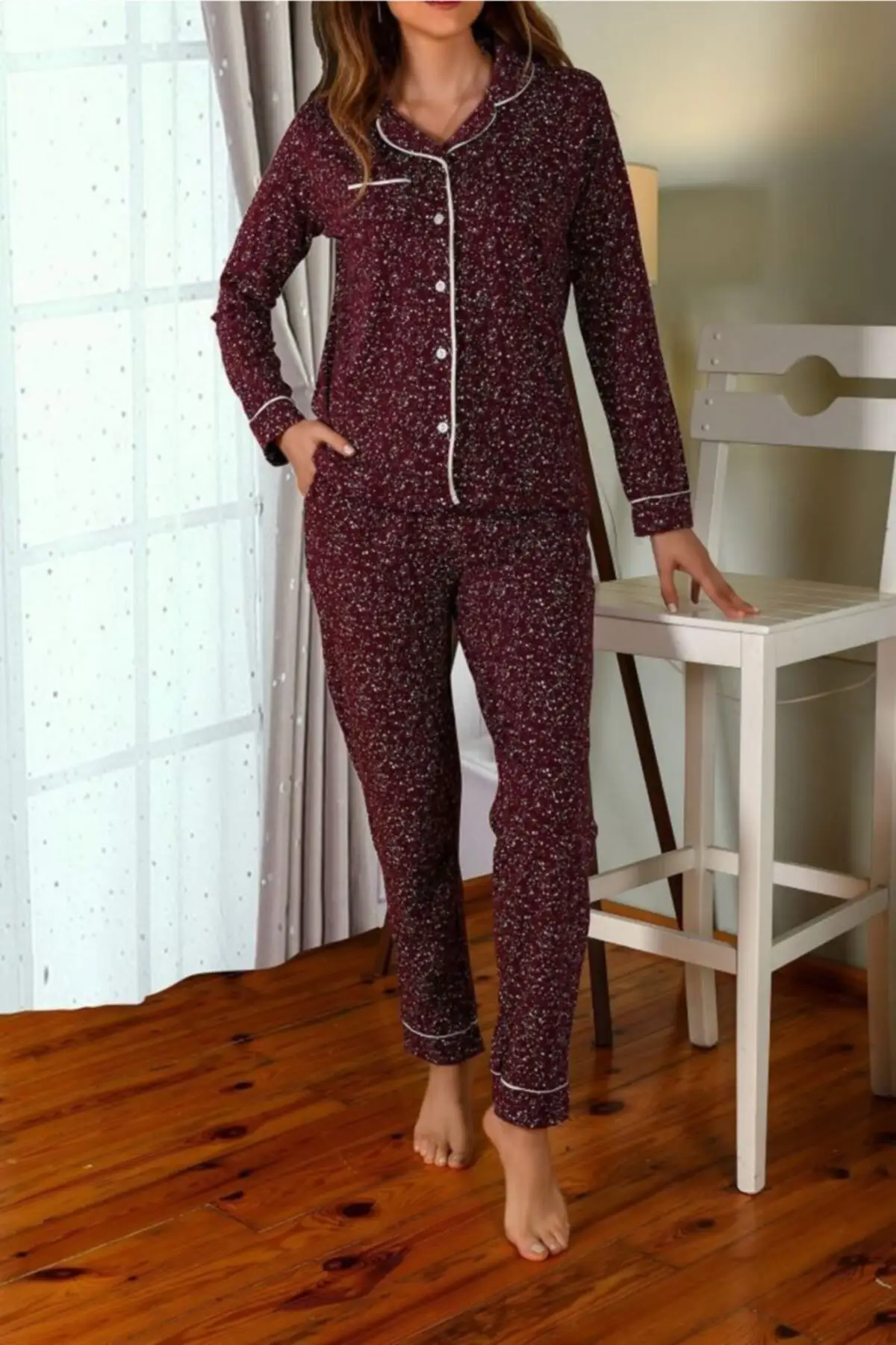 Women Burgundy Pajamas set Long Sleeve Buttoned Pockets 95 COTTON 5 of LYCRA Stylish Design Pleasant View Quality Trend 2021 style New Fashion