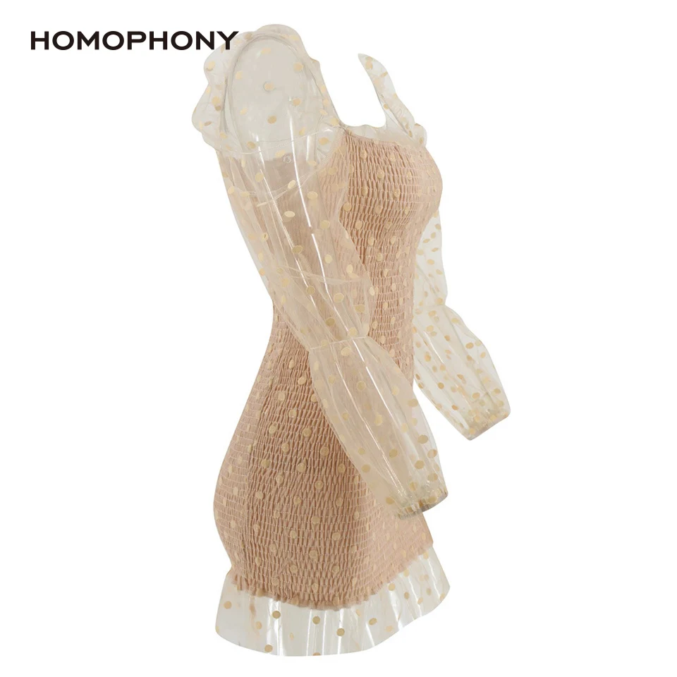 

HOMOPHONY Polka Dots Mesh Dress Elastic Tube Dress Patchwork Puff Sleeve Hip Dress Backless Square Collar Vintage Party