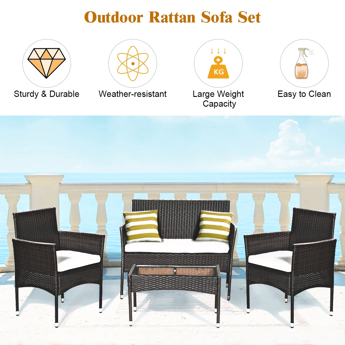 

Costway 4PCS Patio Rattan Wicker Furniture Set Cushioned Chair Glass Table Top Garden
