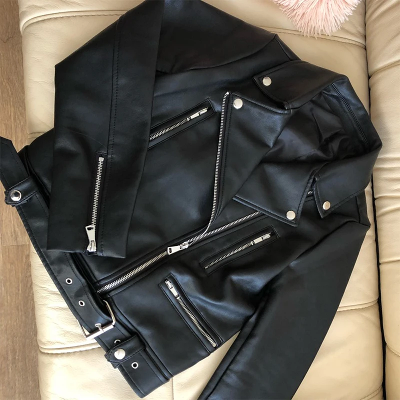 New Women Spring Autumn Black Faux Leather Jackets Zipper Basic Coat Turn-down Collar Motor Biker Jacket With Belt enlarge