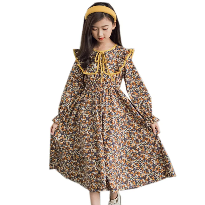 

6 to 16 years kids & teenager girls long sleeve floral print flare cotton dress girl spring fall big turn down collar dress