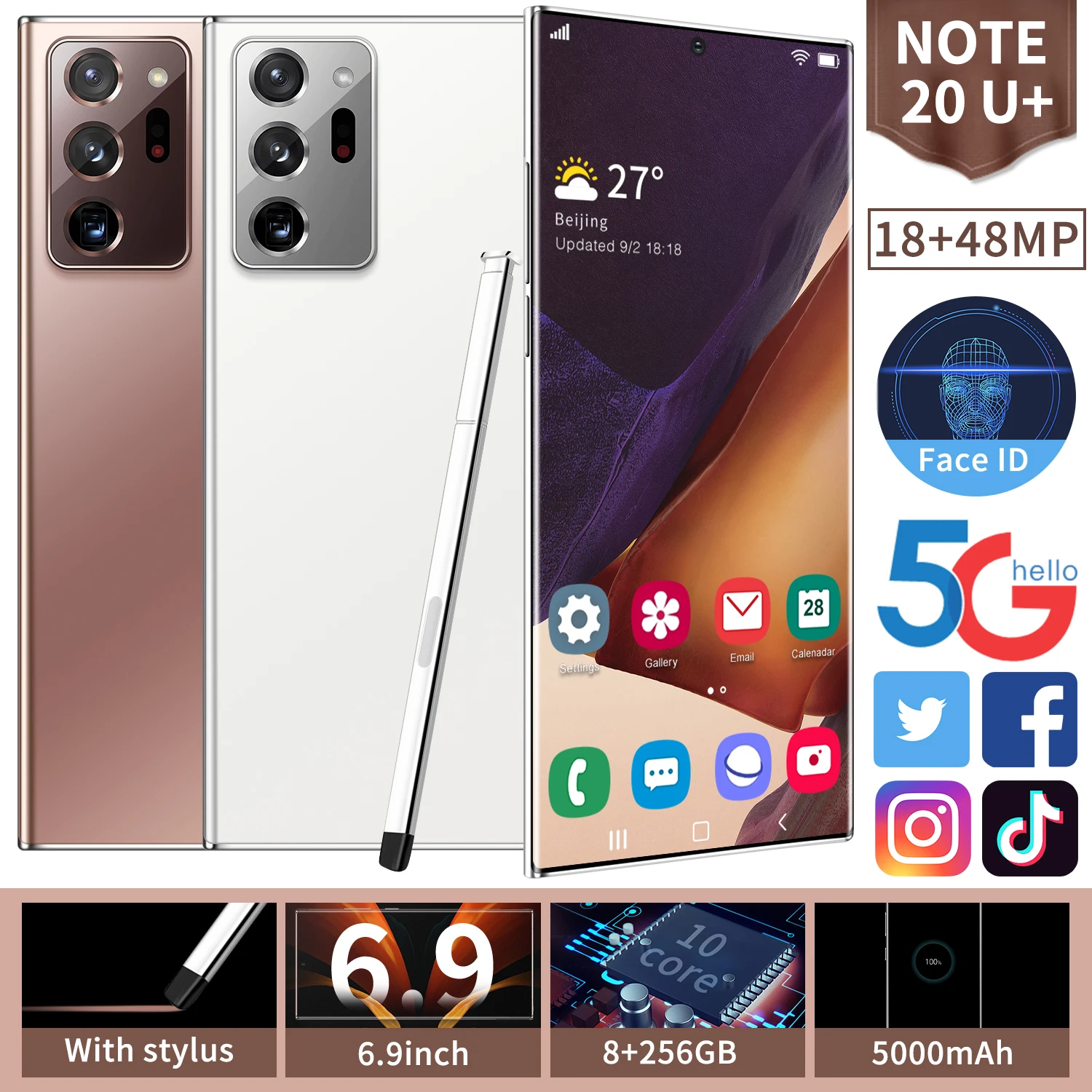 

Global Note20u+ 6.9 Inch Smartphone HD Big Screen Epen Face Fingerprint Unlock 8 256GB 5000mAh 3D Glass Plated Cover Cellphones