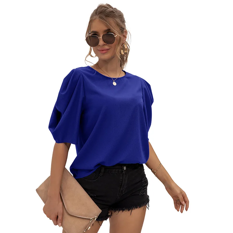 

Women Puff Sleeve Solid Color Chiffon Top Summer New Casual Fashion Office Lady O-neck Blouse Short Sleeve Elegant Streetwear