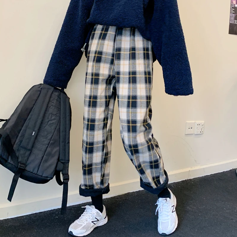 Mooirue для женщин Harajuku плед Длинные брюки с высокой талией зима весна утолщение