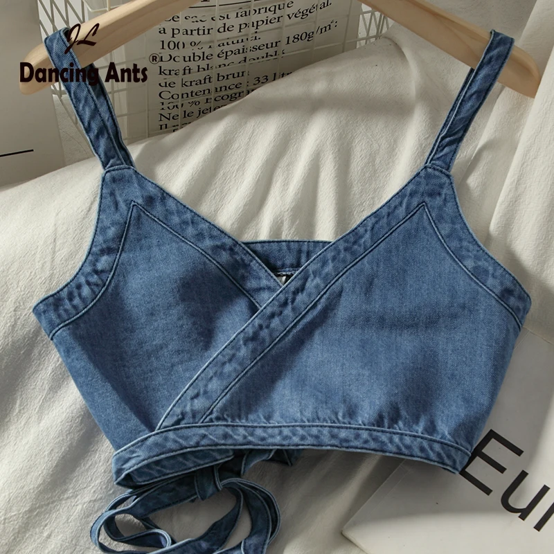 Майка женская джинсовая пикантный укороченный топ на бретельках Элегантный