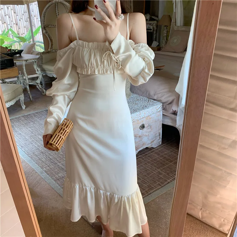 

Dresses French Retro 2021 Autumn New Elegant Artificial Silk Long Sleeve Dress Mid-Length Fishtail Dress Kawaii